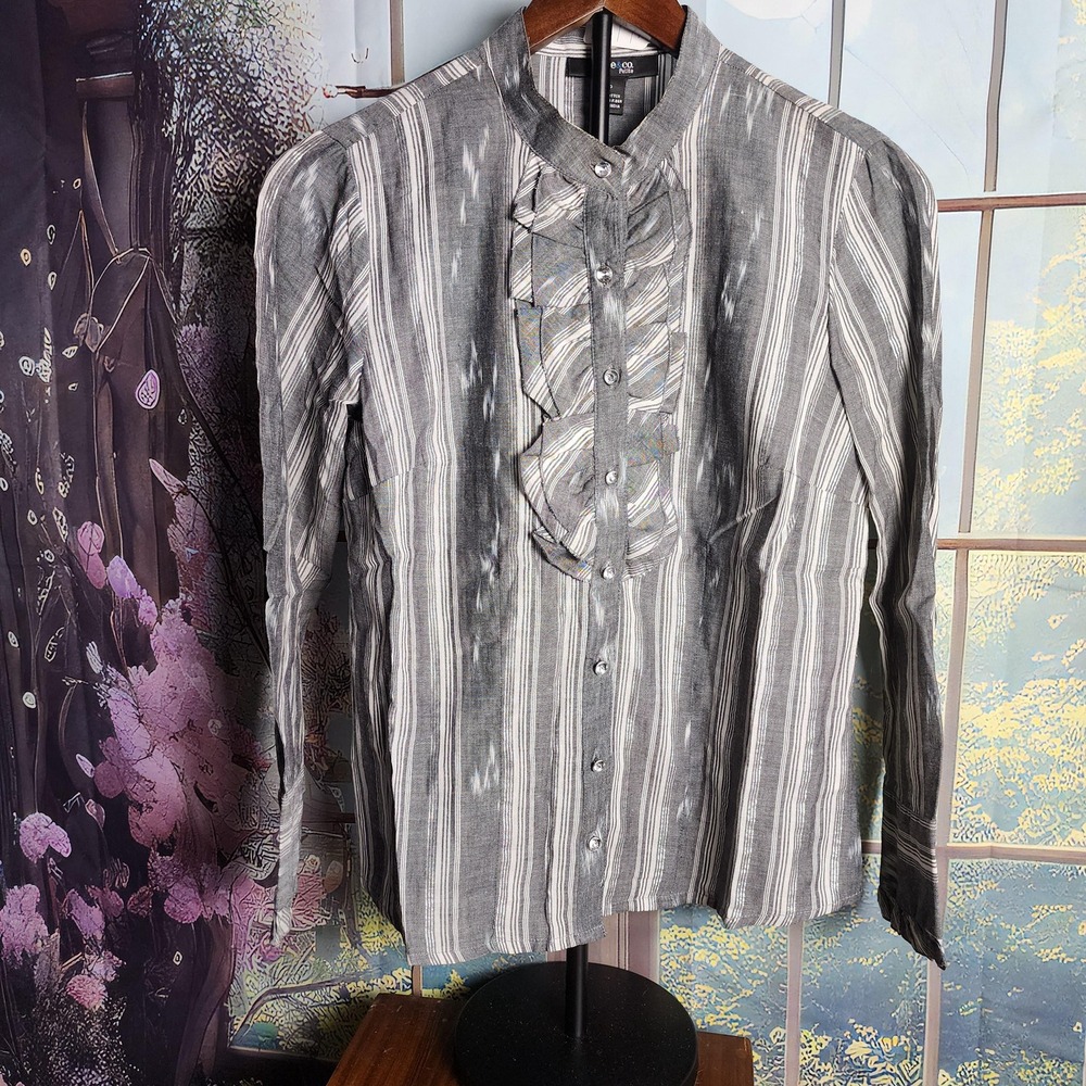 2P Gray & White Button Up Ruffle Front Blouse Y2K Top by Style and Co